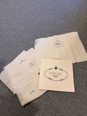 Prada White Shopping Bag with Navy Logo and 9 sheets of tissue paper